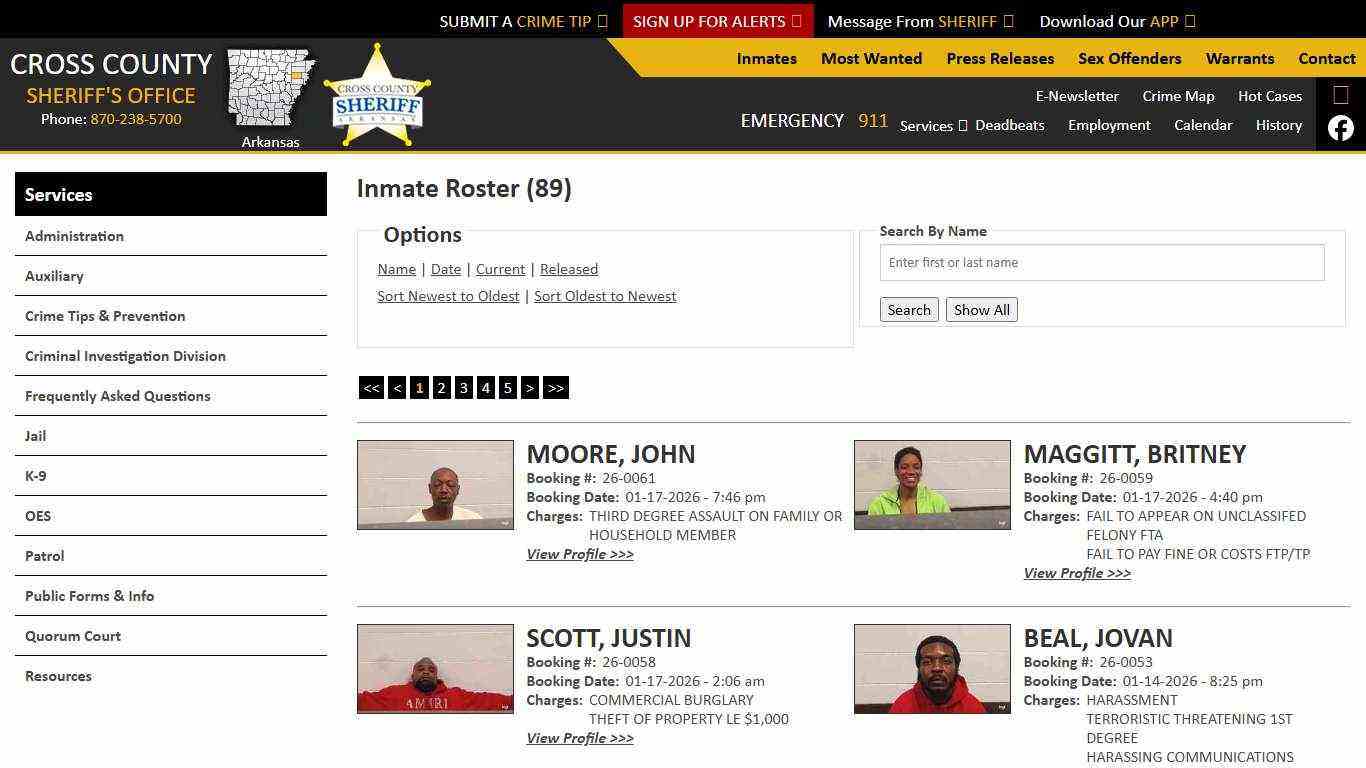 Inmate Roster - Current Inmates Booking Date Descending - Cross County Sheriff AR